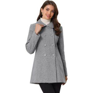 Women's Grey Peter Pan Collar Double Breasted Winter Long Trench Pea Coat
